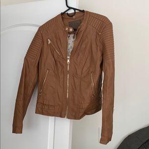 Brown faux leather padded moto jacket